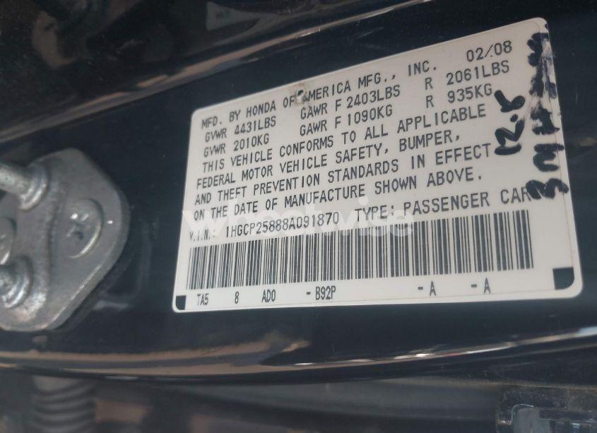 Photo 9 of 2008 Honda Accord 2.4 EX-L (VIN 1HGCP25888A091870)