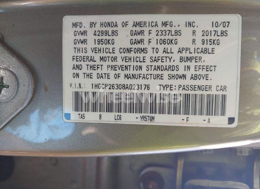 Photo 9 of 2008 Honda Accord 2.4 LX (VIN 1HGCP26308A023176)