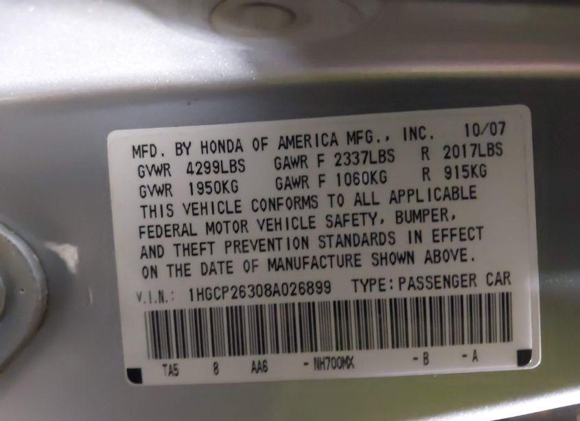 Photo 9 of 2008 Honda Accord 2.4 LX (VIN 1HGCP26308A026899)