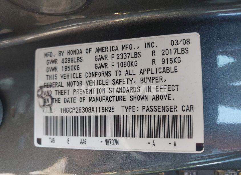 Photo 9 of 2008 Honda Accord LX (VIN 1HGCP26308A115825)