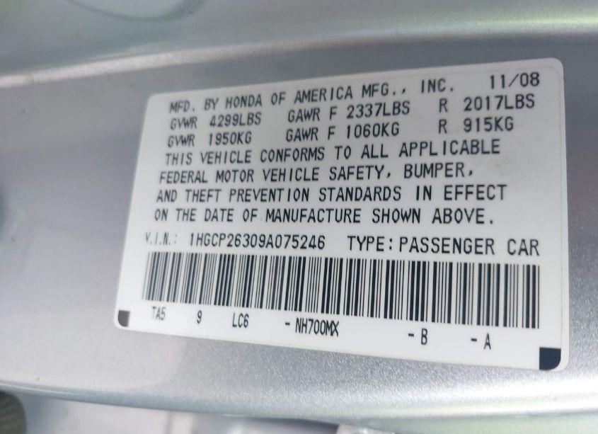 Photo 9 of 2009 Honda Accord 2.4 LX (VIN 1HGCP26309A075246)