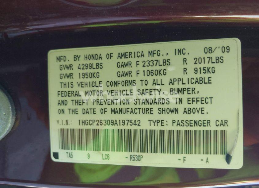 Photo 9 of 2009 Honda Accord 2.4 LX (VIN 1HGCP26309A197542)