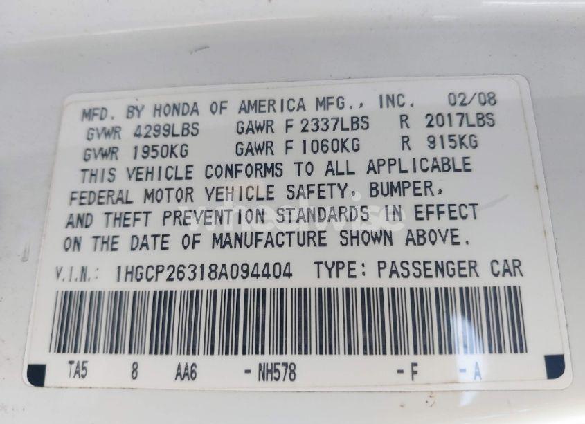 Photo 9 of 2008 Honda Accord 2.4 LX (VIN 1HGCP26318A094404)