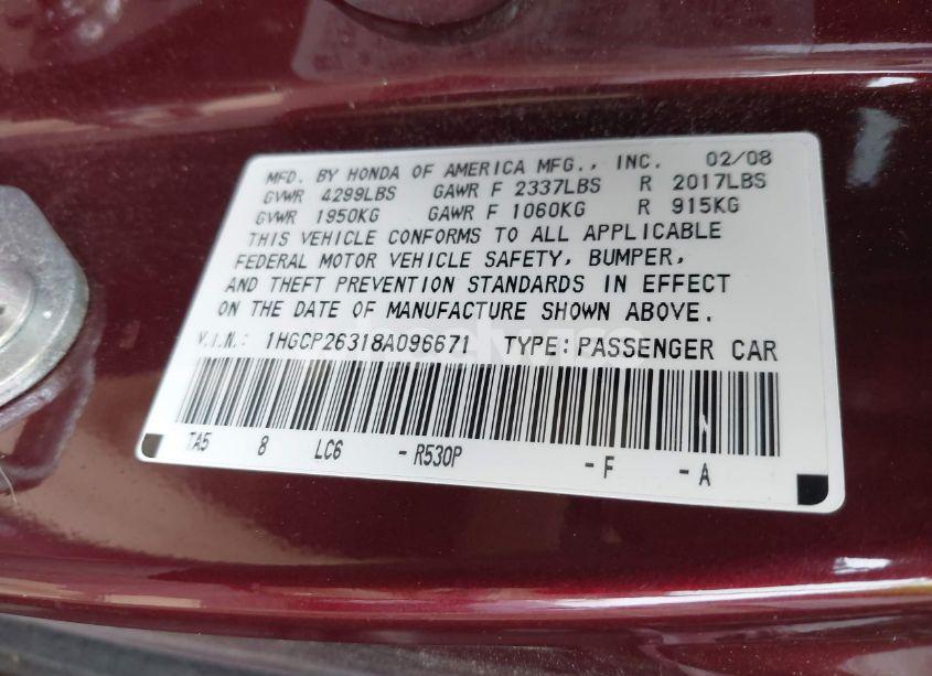 Photo 9 of 2008 Honda Accord 2.4 LX (VIN 1HGCP26318A096671)