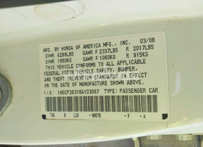 Photo 9 of 2008 Honda Accord 2.4 LX (VIN 1HGCP26318A103067)