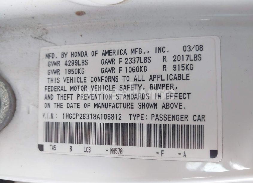 Photo 9 of 2008 Honda Accord 2.4 LX (VIN 1HGCP26318A106812)