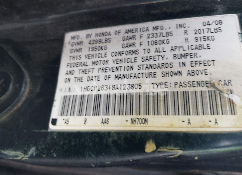 Photo 9 of 2008 Honda Accord 2.4 LX (VIN 1HGCP26318A123805)