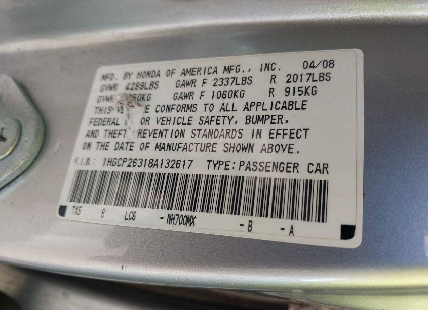 Photo 9 of 2008 Honda Accord 2.4 LX (VIN 1HGCP26318A132617)