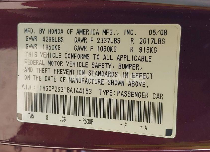 Photo 9 of 2008 Honda Accord 2.4 LX (VIN 1HGCP26318A144153)