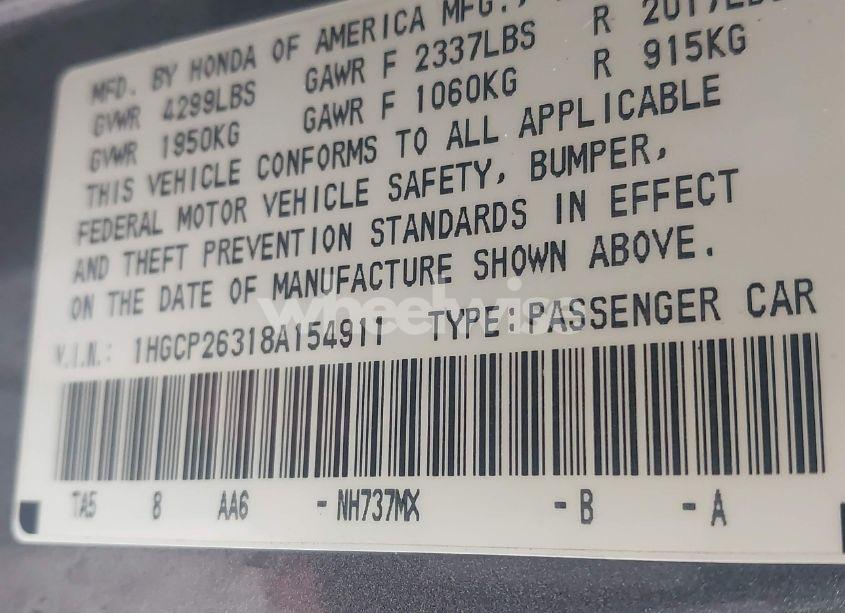 Photo 9 of 2008 Honda Accord 2.4 LX (VIN 1HGCP26318A154911)