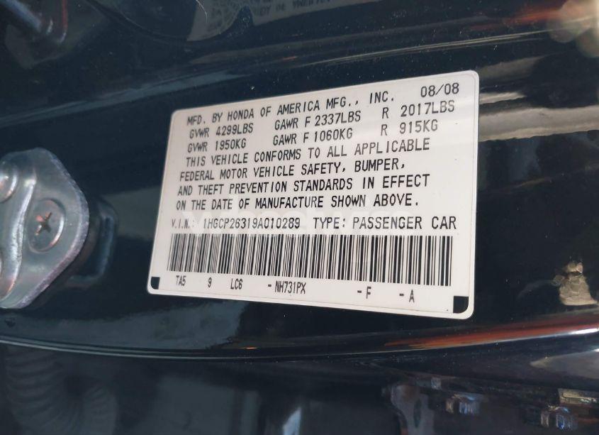 Photo 9 of 2009 Honda Accord 2.4 LX (VIN 1HGCP26319A010289)