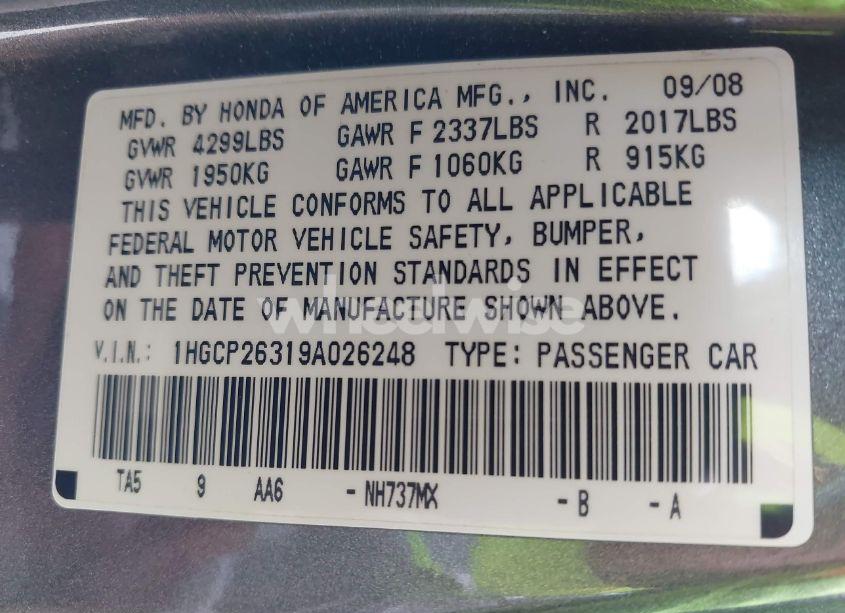 Photo 9 of 2009 Honda Accord 2.4 LX (VIN 1HGCP26319A026248)