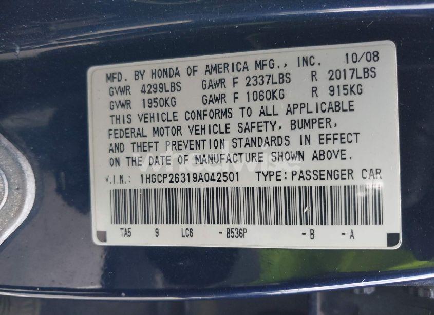 Photo 9 of 2009 Honda Accord 2.4 LX (VIN 1HGCP26319A042501)