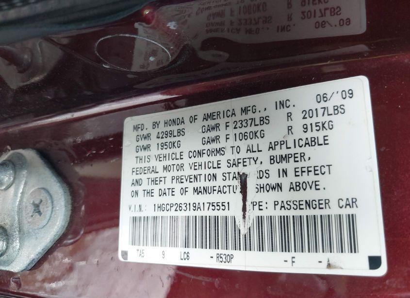 Photo 9 of 2009 Honda Accord 2.4 LX (VIN 1HGCP26319A175551)