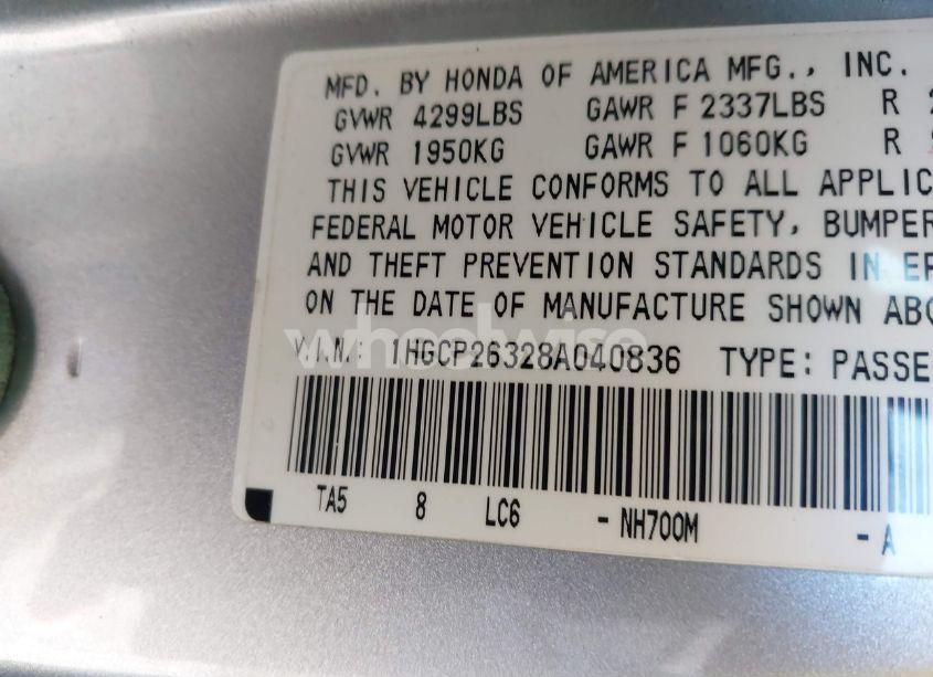 Photo 9 of 2008 Honda Accord 2.4 LX (VIN 1HGCP26328A040836)