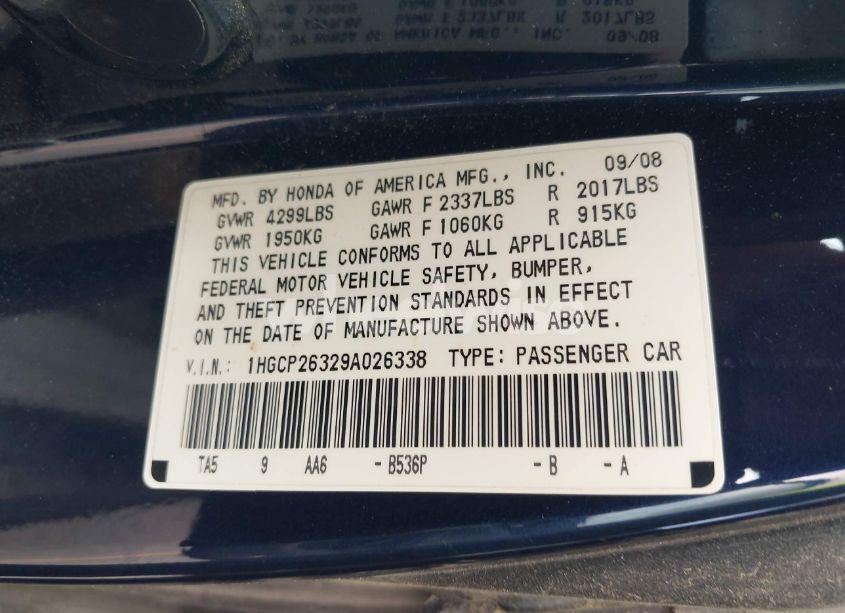 Photo 9 of 2009 Honda Accord 2.4 LX (VIN 1HGCP26329A026338)