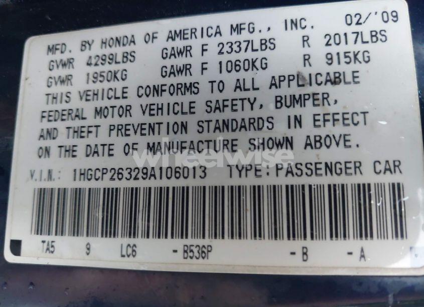 Photo 9 of 2009 Honda Accord 2.4 LX (VIN 1HGCP26329A106013)