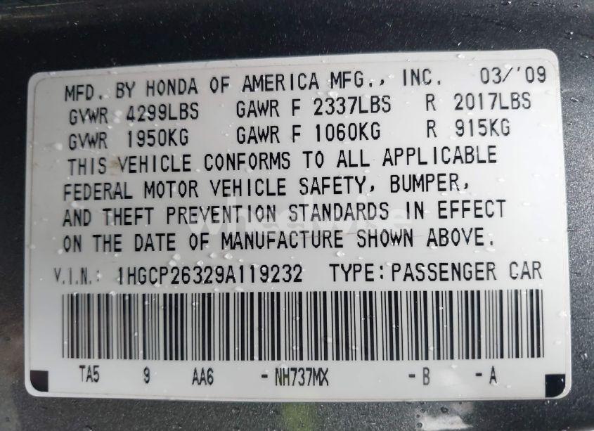 Photo 9 of 2009 Honda Accord 2.4 LX (VIN 1HGCP26329A119232)