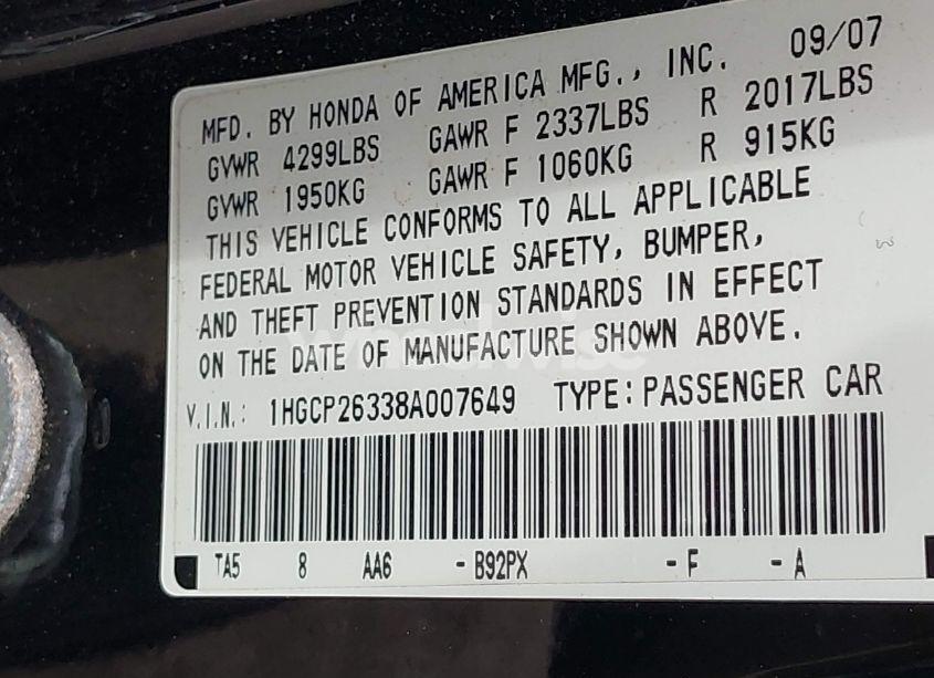 Photo 9 of 2008 Honda Accord 2.4 LX (VIN 1HGCP26338A007649)