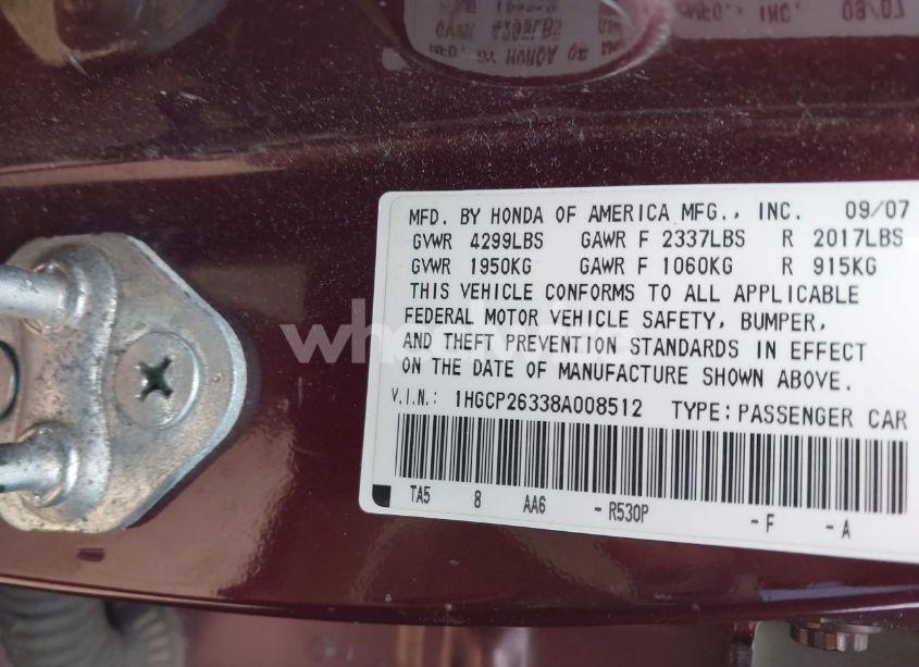 Photo 9 of 2008 Honda Accord 2.4 LX (VIN 1HGCP26338A008512)