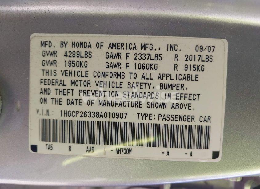 Photo 9 of 2008 Honda Accord 2.4 LX (VIN 1HGCP26338A010907)