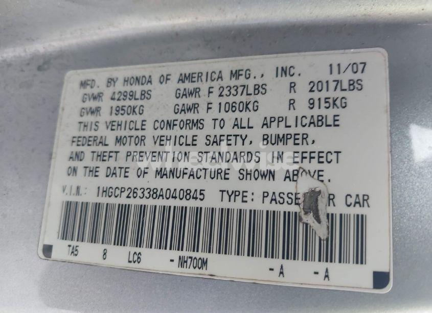 Photo 9 of 2008 Honda Accord 2.4 LX (VIN 1HGCP26338A040845)