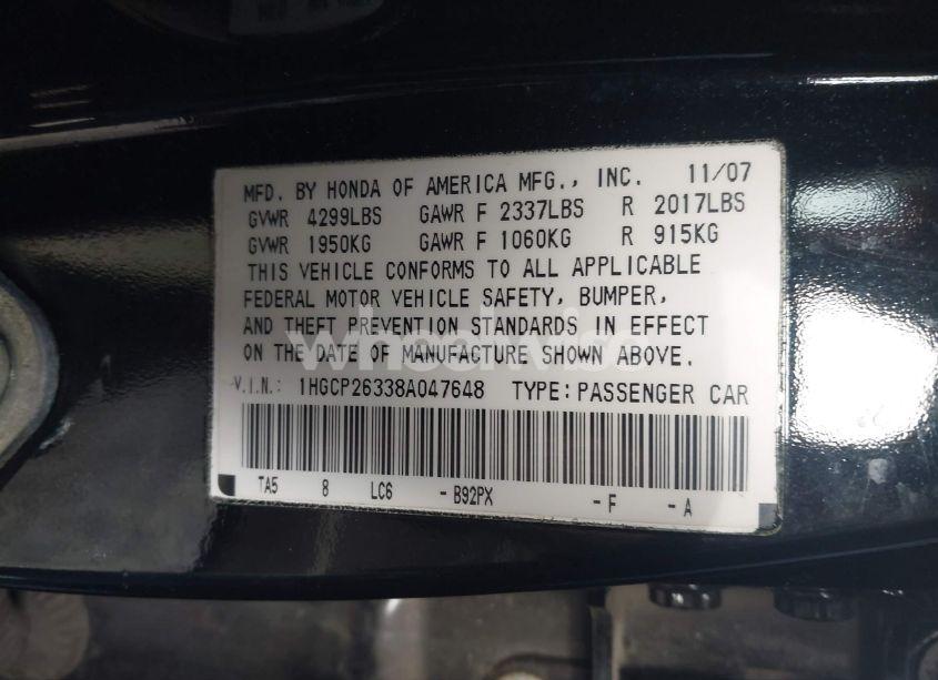 Photo 9 of 2008 Honda Accord 2.4 LX (VIN 1HGCP26338A047648)