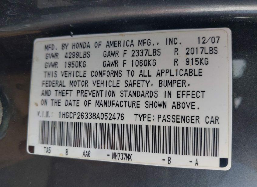 Photo 9 of 2008 Honda Accord 2.4 LX (VIN 1HGCP26338A052476)