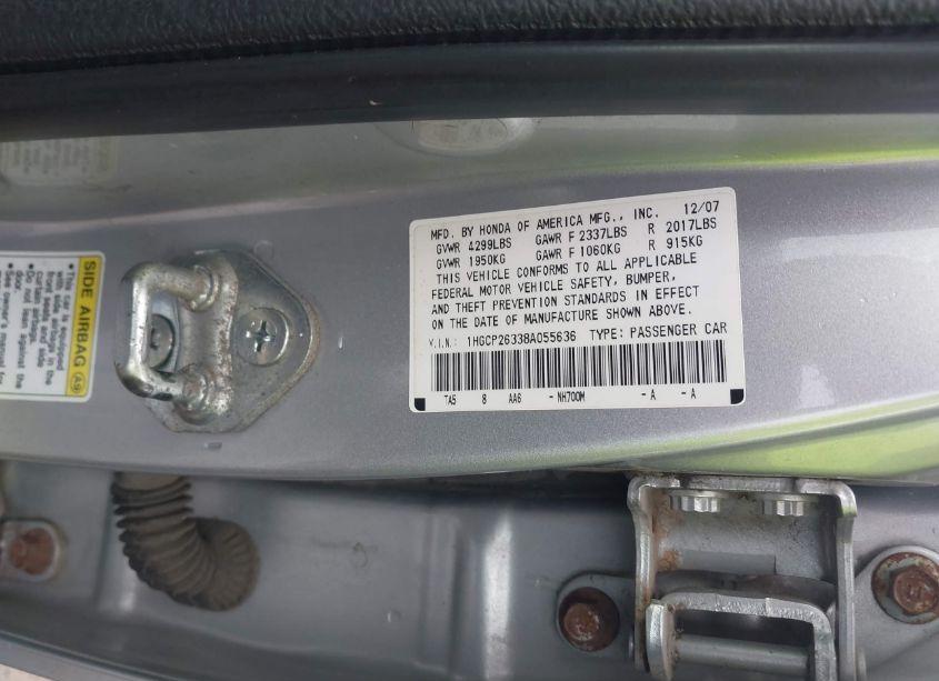 Photo 9 of 2008 Honda Accord 2.4 LX (VIN 1HGCP26338A055636)