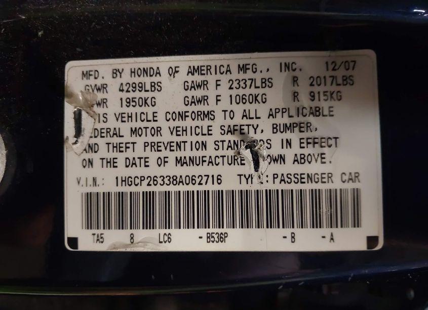 Photo 9 of 2008 Honda Accord 2.4 LX (VIN 1HGCP26338A062716)