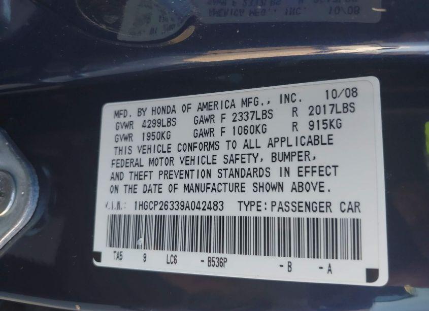 Photo 9 of 2009 Honda Accord 2.4 LX (VIN 1HGCP26339A042483)