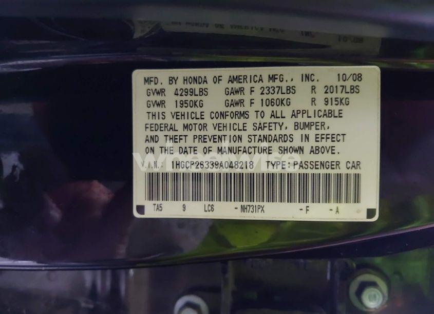 Photo 9 of 2009 Honda Accord 2.4 LX (VIN 1HGCP26339A048218)