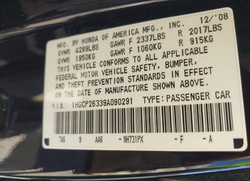 Photo 9 of 2009 Honda Accord 2.4 LX (VIN 1HGCP26339A090291)