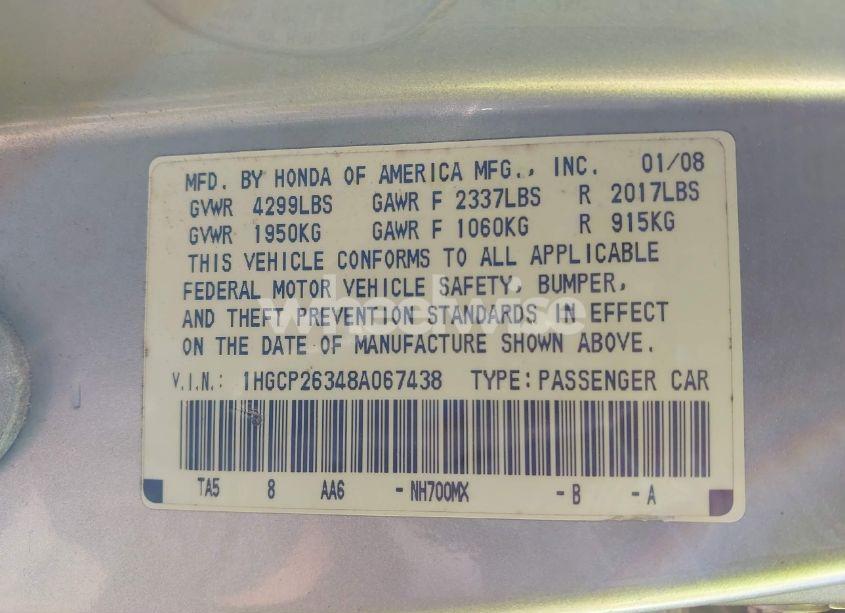 Photo 9 of 2008 Honda Accord 2.4 LX (VIN 1HGCP26348A067438)