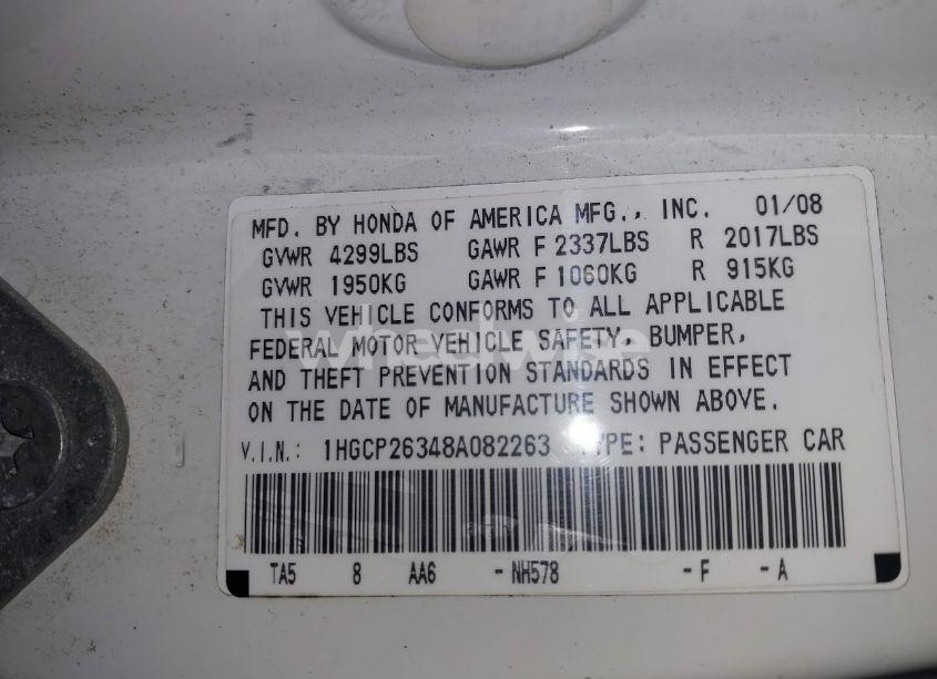 Photo 9 of 2008 Honda Accord 2.4 LX (VIN 1HGCP26348A082263)
