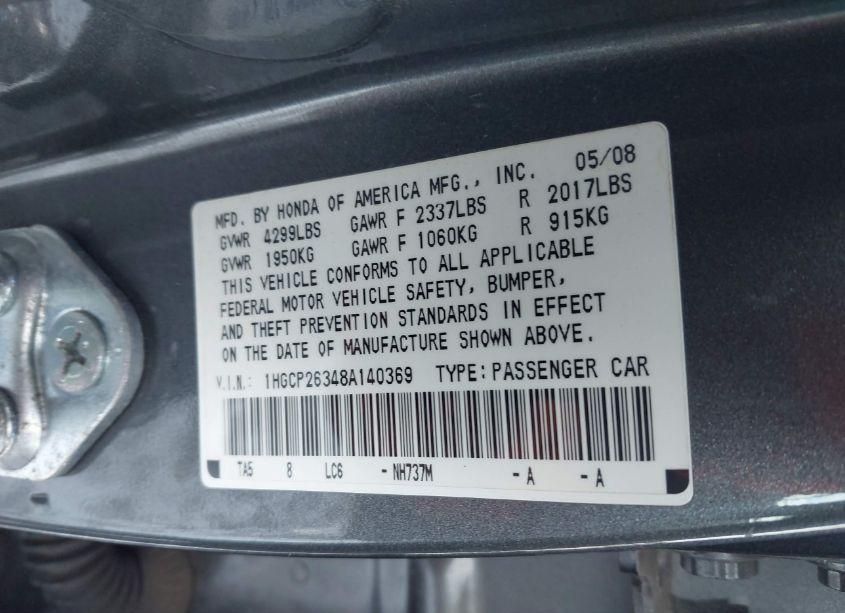 Photo 9 of 2008 Honda Accord 2.4 LX (VIN 1HGCP26348A140369)