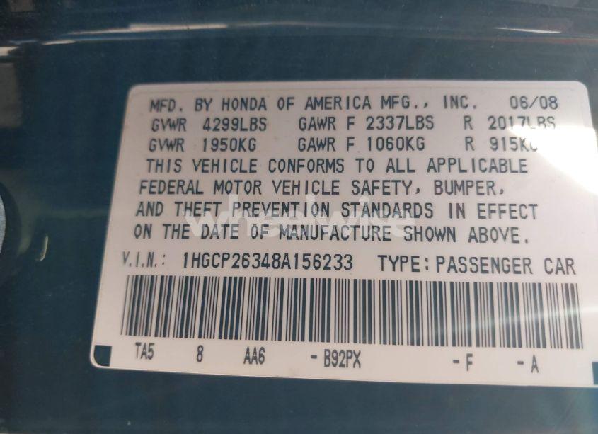 Photo 9 of 2008 Honda Accord 2.4 LX (VIN 1HGCP26348A156233)