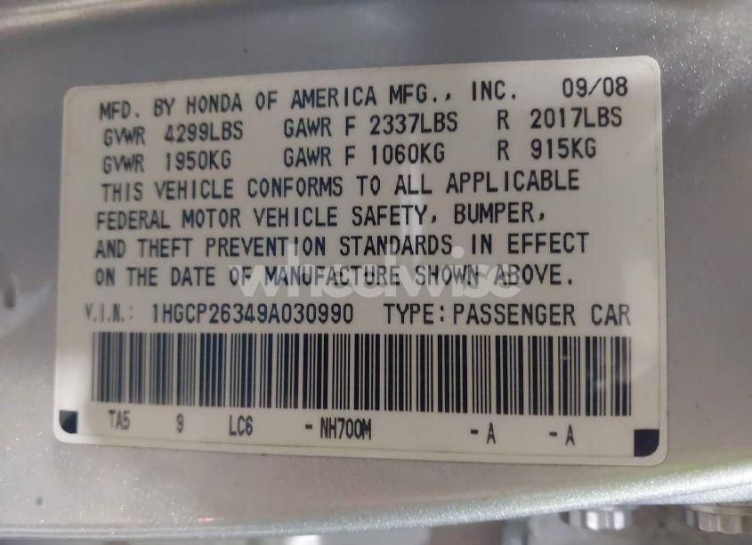 Photo 9 of 2009 Honda Accord 2.4 LX (VIN 1HGCP26349A030990)