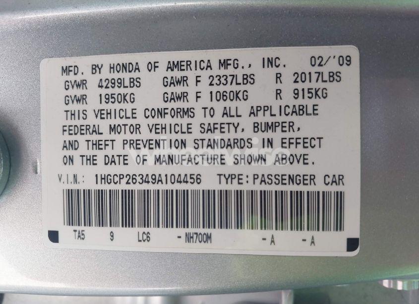 Photo 9 of 2009 Honda Accord 2.4 LX (VIN 1HGCP26349A104456)