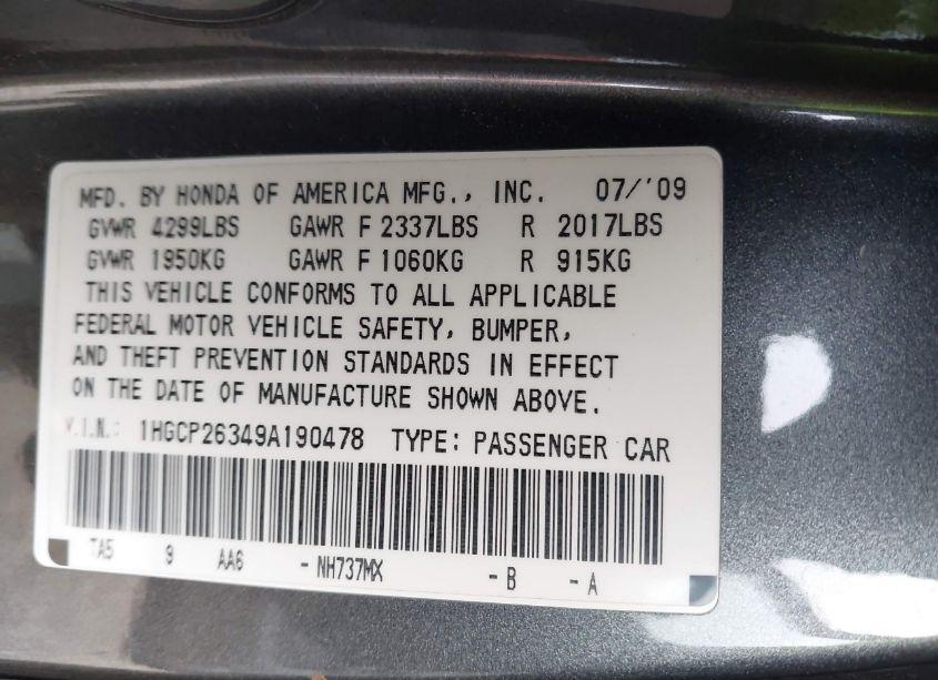 Photo 9 of 2009 Honda Accord 2.4 LX (VIN 1HGCP26349A190478)