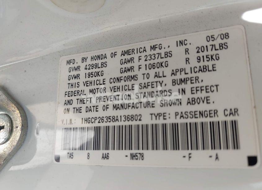 Photo 9 of 2008 Honda Accord 2.4 LX (VIN 1HGCP26358A136802)