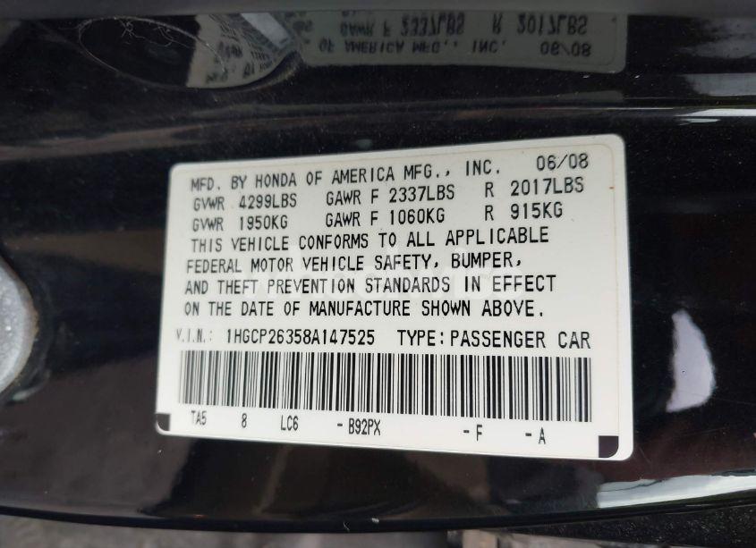 Photo 9 of 2008 Honda Accord 2.4 LX (VIN 1HGCP26358A147525)