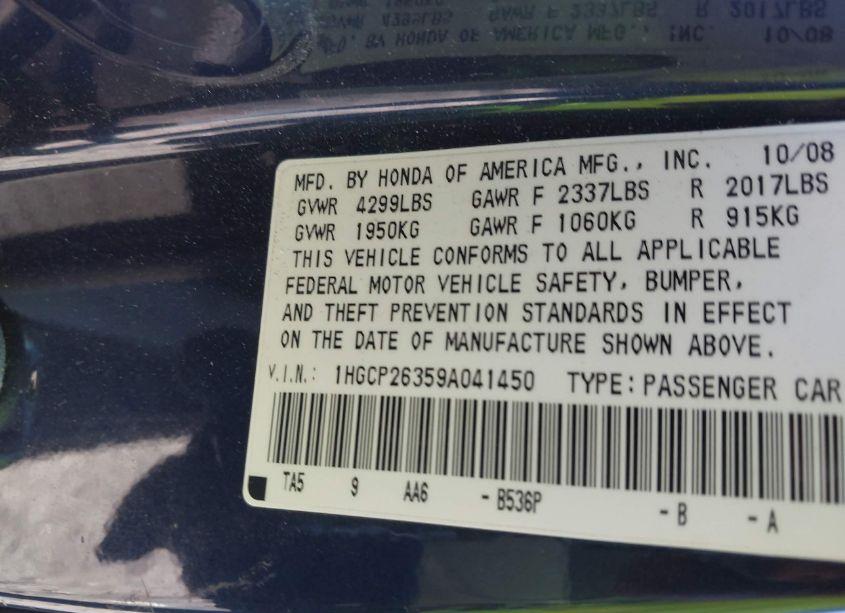 Photo 9 of 2009 Honda Accord 2.4 LX (VIN 1HGCP26359A041450)