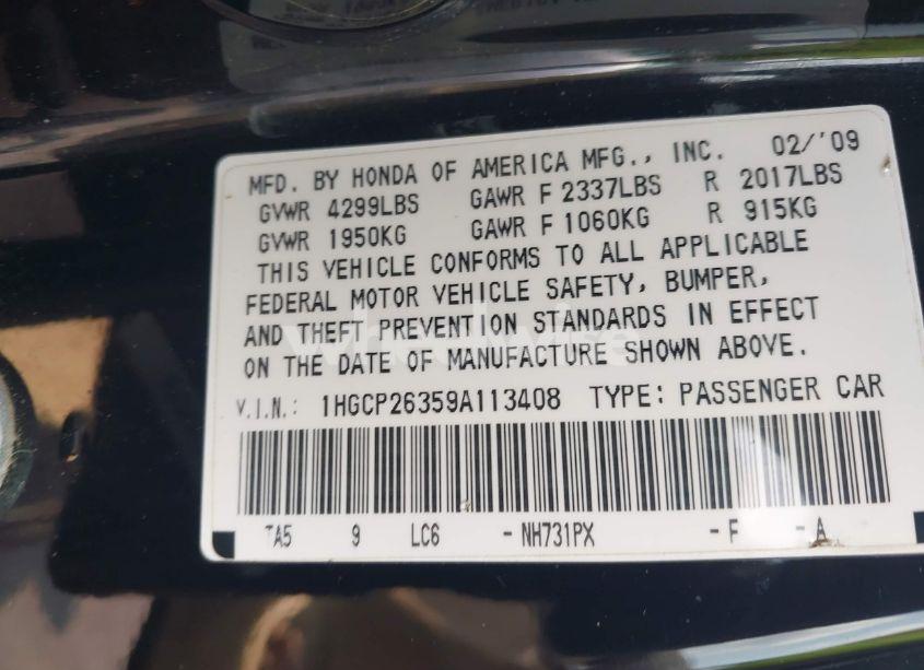 Photo 9 of 2009 Honda Accord 2.4 LX (VIN 1HGCP26359A113408)