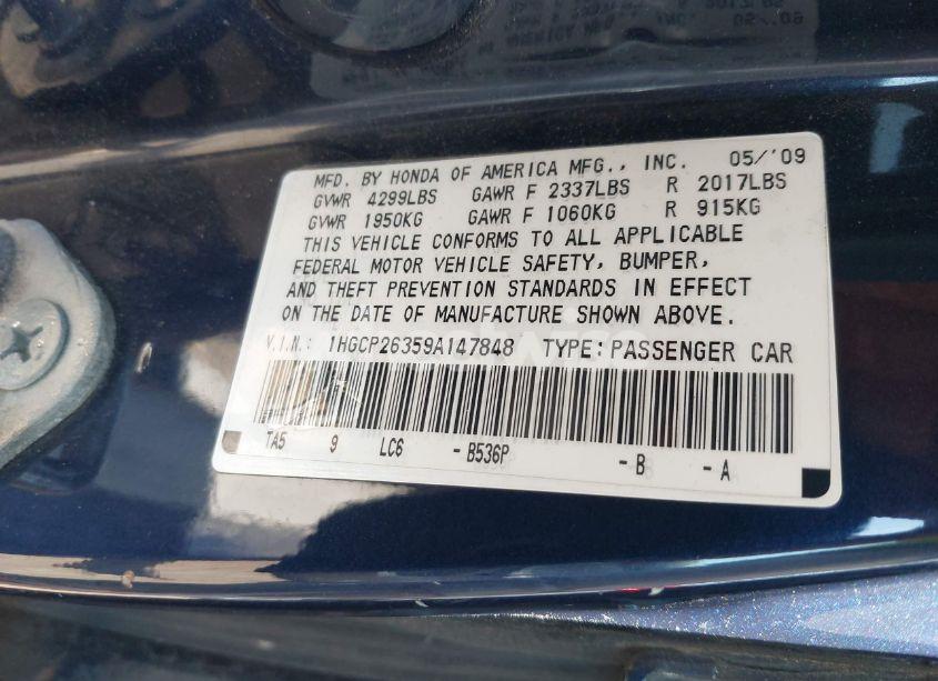 Photo 9 of 2009 Honda Accord 2.4 LX (VIN 1HGCP26359A147848)