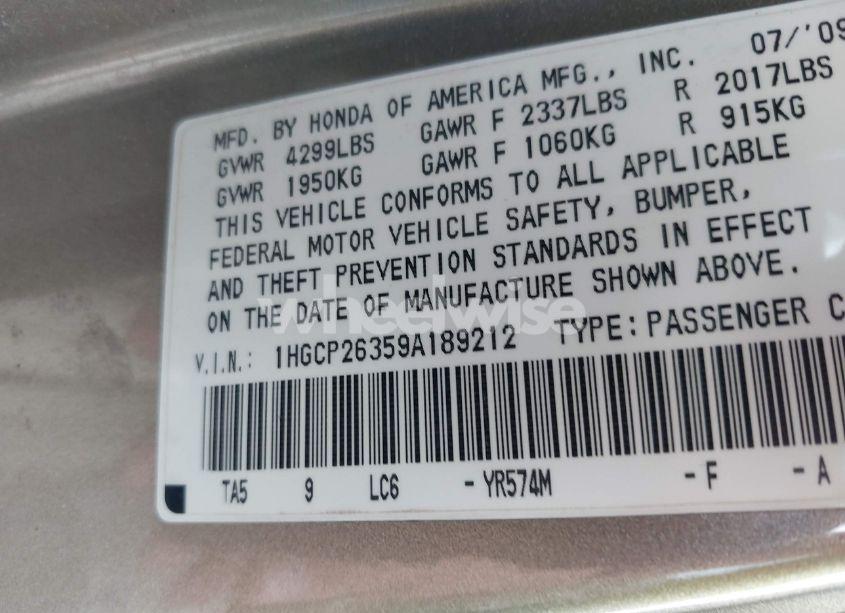 Photo 9 of 2009 Honda Accord 2.4 LX (VIN 1HGCP26359A189212)
