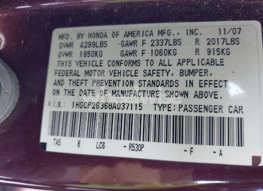 Photo 9 of 2008 Honda Accord 2.4 LX (VIN 1HGCP26368A037115)