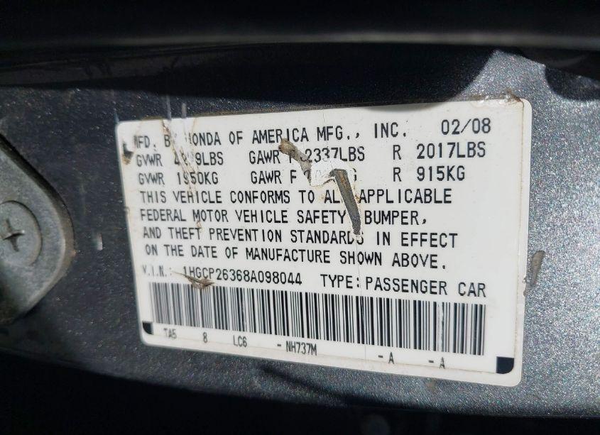 Photo 9 of 2008 Honda Accord 2.4 LX (VIN 1HGCP26368A098044)