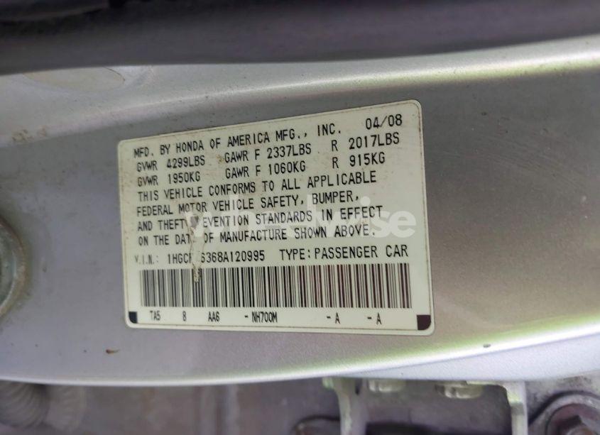 Photo 9 of 2008 Honda Accord 2.4 LX (VIN 1HGCP26368A120995)