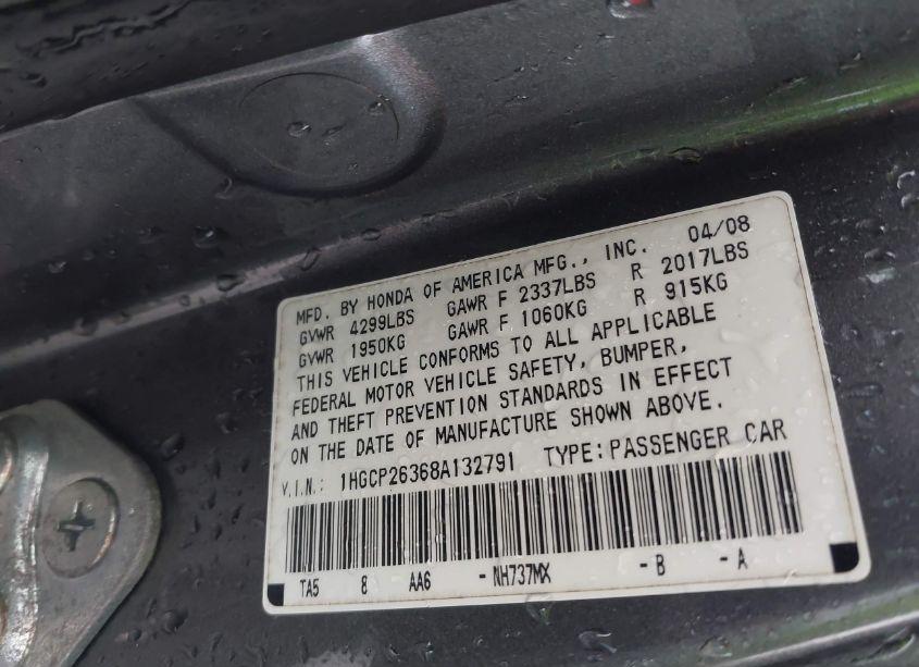 Photo 9 of 2008 Honda Accord 2.4 LX (VIN 1HGCP26368A132791)